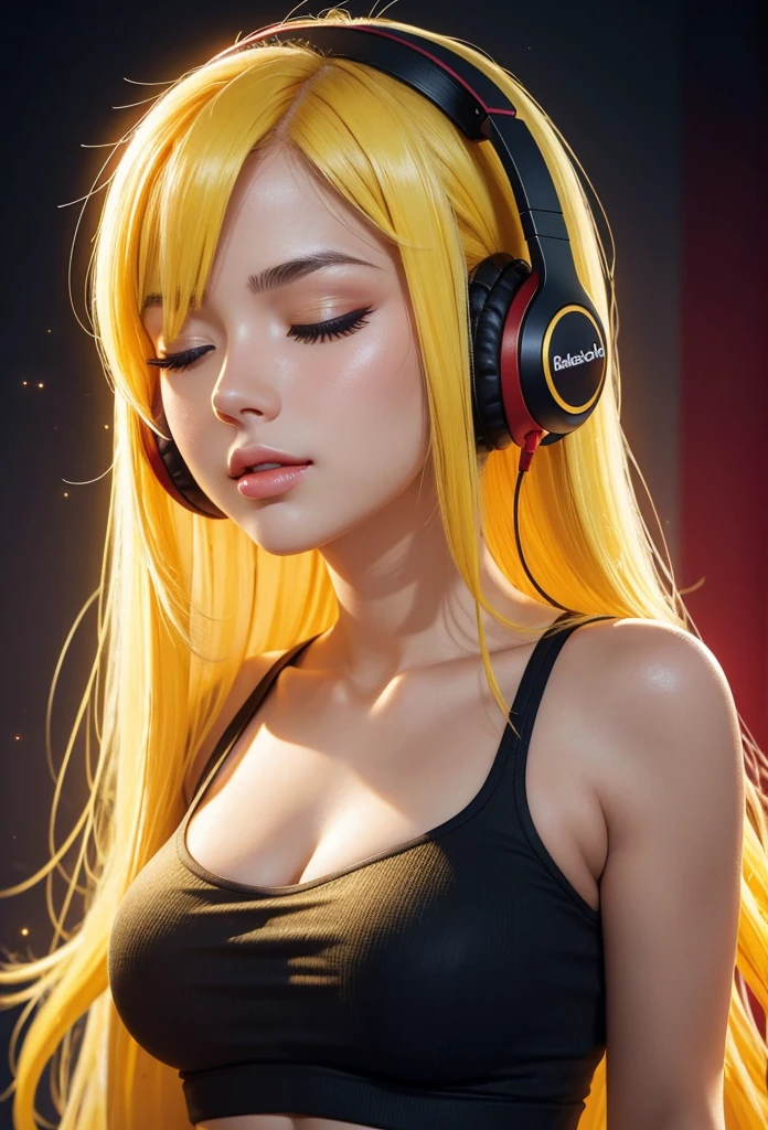 Close-up of a beautiful girl with eyes closed in satisfaction very long eyelashes with thick split lips bright yellow hair big breasts wearing a tight top, He is listening to music with his headphones, on a stage of very bright red and yellow LED lights with blur, very perfect and detailed high resolution image((Perfect face)
