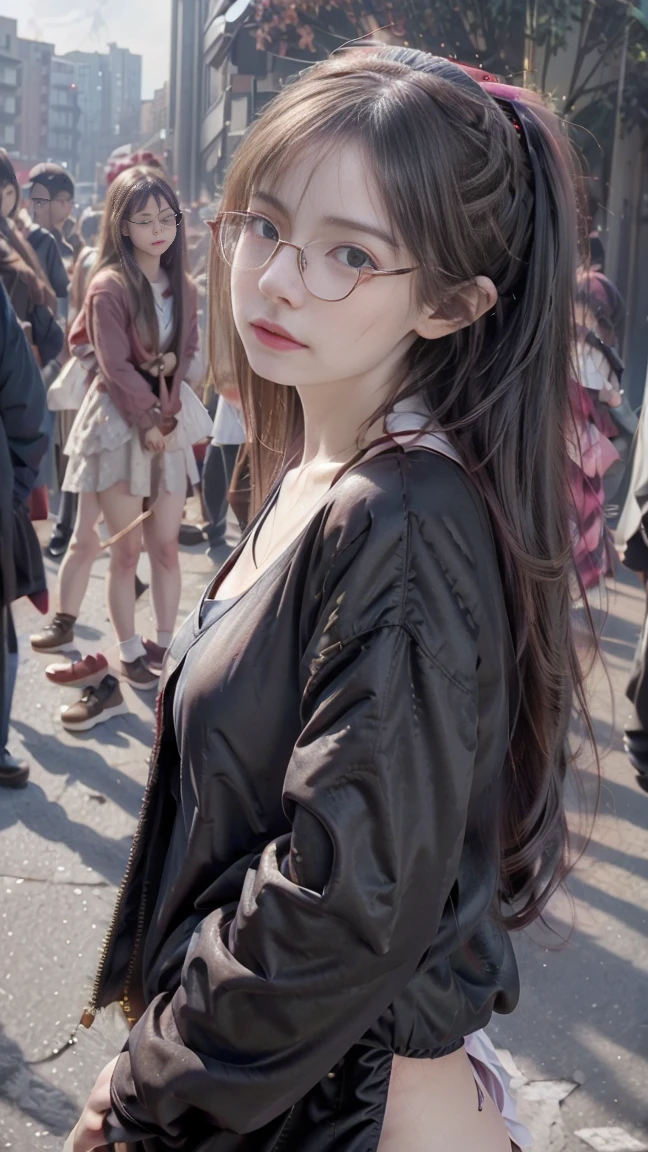 (nsfw), 8k, Extremely meticulous CG,(wallpaper), Extremely refined and beautiful, Masterpiece, best qualtiy, Ultra High Resolution, beautiful light up,Perfect lightning,realistic shaded, A high resolution,(Smooth and flawless fair skin:1.5),(pale skin:1.3),Extremely exquisite facial details,(perfect body:1.1),ultra-detailed,A beautiful girl,solo,small head,(short ponytail:1.1),small face,Exquisite makeup,(perfect breasts:1),flat chests, (black winter coat:1.3),(slender legs:1.2),(pants:1.2),(sneakers:1.1),(day scene:1.5),outdoor,(On the street:1.3),(In front of a huge church:1.3),(detailed background:1.5),(standing:1.3),(upper body:1.2),(from front:1.3),(Surrounded by crowded crowds:1.5), ((no shirt)), ((no bra)), ((no bikini)), ((big breasts:1)), (((tattoo between breasts))), ((black jacket)), (tow hands), (perfect fingers) ((glasses))