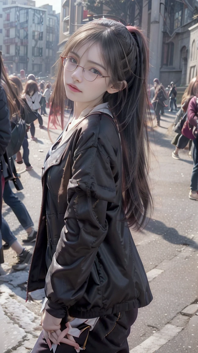 (nsfw), 8k, Extremely meticulous CG,(wallpaper), Extremely refined and beautiful, Masterpiece, best qualtiy, Ultra High Resolution, beautiful light up,Perfect lightning,realistic shaded, A high resolution,(Smooth and flawless fair skin:1.5),(pale skin:1.3),Extremely exquisite facial details,(perfect body:1.1),ultra-detailed,A beautiful girl,solo,small head,(short ponytail:1.1),small face,Exquisite makeup,(perfect breasts:1),flat chests, (black winter coat:1.3),(slender legs:1.2),(pants:1.2),(sneakers:1.1),(day scene:1.5),outdoor,(On the street:1.3),(In front of a huge church:1.3),(detailed background:1.5),(standing:1.3),(upper body:1.2),(from front:1.3),(Surrounded by crowded crowds:1.5), ((no shirt)), ((no bra)), ((no bikini)), ((big breasts:1)), (((tattoo between breasts))), ((black jacket)), (tow hands), (perfect fingers) ((glasses))