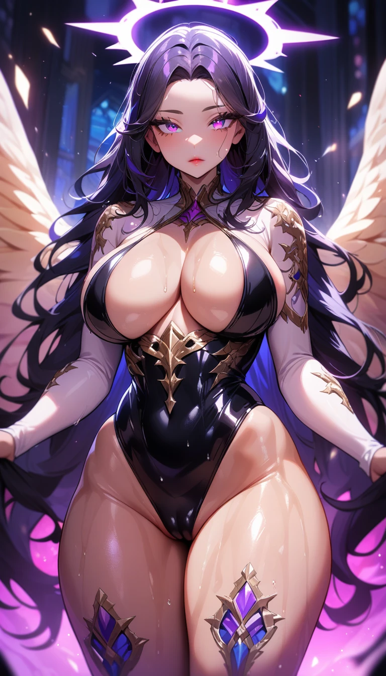 1girl,solo,super detailed skin,shiny skin,wet oily skin, expressionless, majestic wings,angelic skin, detailed eyes,eyelashes,lips gloss,beautiful nails  ,large breasts,beautifully shaped breasts, majestic halo,aura,vibrant colors,point at viewer,wide shot,cameltoe,masterpiece,best quality,ultra detailed,high resolution,sharp focus,depth of field,