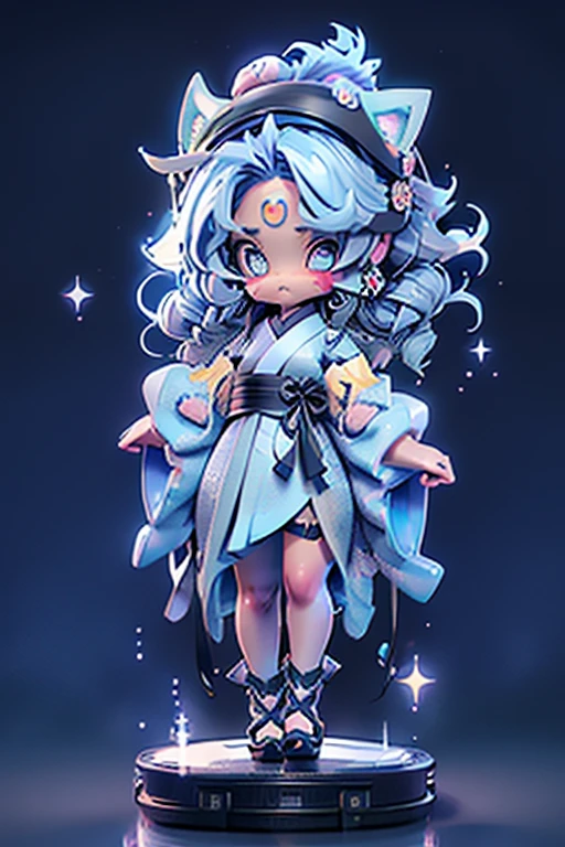 High quality, beautyfull girl, masterpiece, starry hair,blue hair, sparkle eyes, kimono clothes, cat tail,cat ears, japanese girl, aesthetic, very cute, 8k, kitsune mask, starry sky, glow hair, perfect face, night