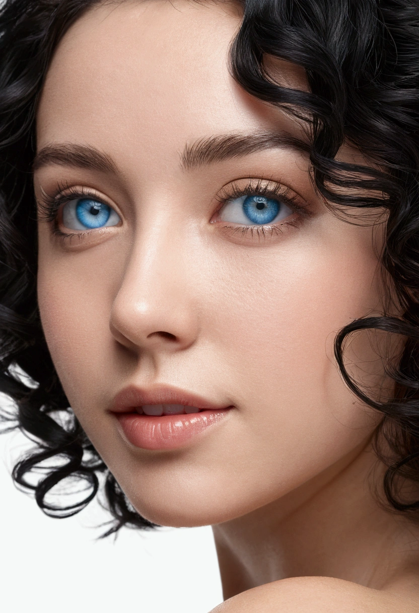 Bblack hair, アニメ, 吉卜力, estilo アニメ, close up, from sideways, first-person perspective, 8k, super detaill, work of art,super detaill, high qualiy, high resolution, high détail, White background, face detail, happiness, curly hair, blue colored eyes, topless, porn