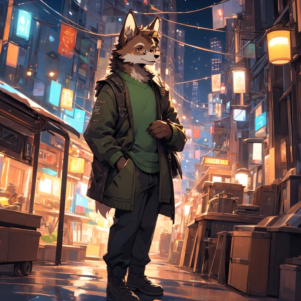 (very detailed illustration: 1.2), best quality, masterpiece, solo, natural lighting, An young anthro wolf with dark brown fur, he has brown eyes and dark brown hair, he has fur on his hands and they have claws, he is dressed in a green sweater, he wears dark colored pants, he also wears glasses, he is standing and he is changing on the sidewalk, he is in the city where there are cars and it is at night where the city is beautiful.