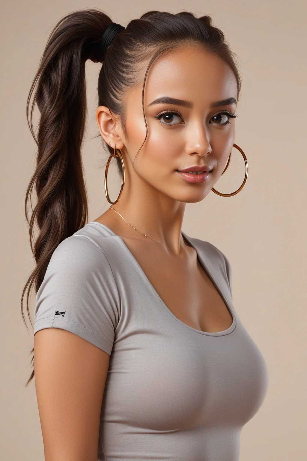 High resolution photo of a cute Latina in a tight and simple t-shirt., High ponytail, with hoops,