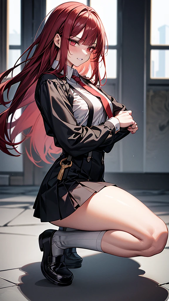 {{masterpiece}}, {{{Highest quality}}},{{Very detailed}}, {{figure}},{{tall}},{{Adult female}},,{{Fighting stance}},{from side},{{Long sleeve mini skirt uniform}},{on one knee{}},}}{}},{fighting stance}},{},{}, ,{{}},{{Eyelet foot}},,{{}},{{}},,{{}},{{}},,Slender body}}{{Avoidance}}{{Female police officer}},,,,suspenders ,Long sleeve mini skirt uniform, White High Socks,Black fingerless gloves, Long Red Hair, Red tie,Straight hair ,Blunt bangs,Thigh holster,.amountn loafer,,blush,Wrinkles ,amount,Grit your teeth,suffering,v-shaped eyeamounts.,Sweat dripping,Medium chest ,get annoyed,,Slums,,Twisting,
