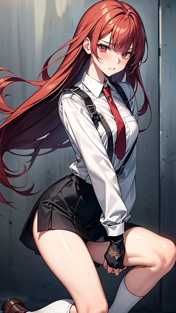 {{masterpiece}}, {{{Highest quality}}},{{Very detailed}}, {{figure}},{{tall}},{{Adult female}},,{{Fighting stance}},｛from side｝,{{Long sleeve mini skirt uniform}},{on one knee{}},}}{}},{fighting stance}},{},{}, ,{{}},{{Eyelet foot}},,{{}},{{}},,{{}},{{}},,Slender body}}{{Avoidance}}{{Female police officer}},,,,suspenders　,Long sleeve mini skirt uniform, White High Socks,Black fingerless gloves, Long Red Hair, Red tie,Straight hair ,Blunt bangs,Thigh holster,.amountn loafer,,blush,Wrinkles ,amount,Grit your teeth,suffering,v-shaped eyeamounts.,Sweat dripping,Medium chest ,get annoyed,,Slums,,Twisting,
