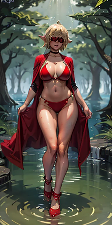 Full body, masterpiece, female drow elf purple skin standing pose, red cape, red bikini, long blonde hair, strong body, high heels, swamp background, water surface, daylight, trees, slave female with choker, blindfolded, shackles on legs and arms