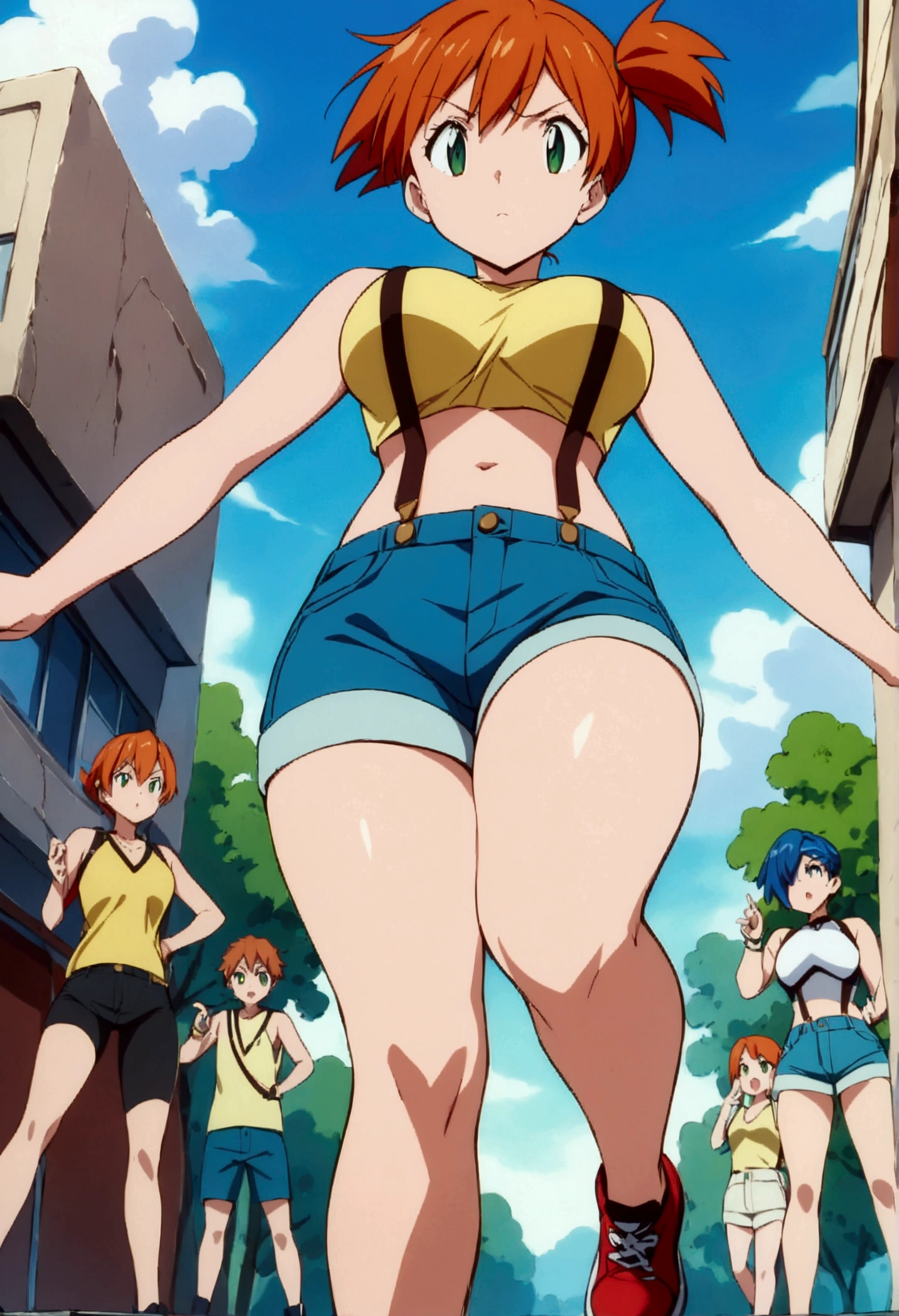 (score_9, score_8_up, score_7_up), (best quality, masterpiece),perfect anatomy,aesthetic,very aesthetic,official style, ultra-high resolution,source_anime.from below,below view,face focus ,,standing ,  (mature) ,1girl, Outdoor, Green Eyes, Orange Hair, , Yellow Shirt, Sleeveless shirt,stomach, Denim shorts, suspenders,   (slender), ,(Composition),running,(Face off)
