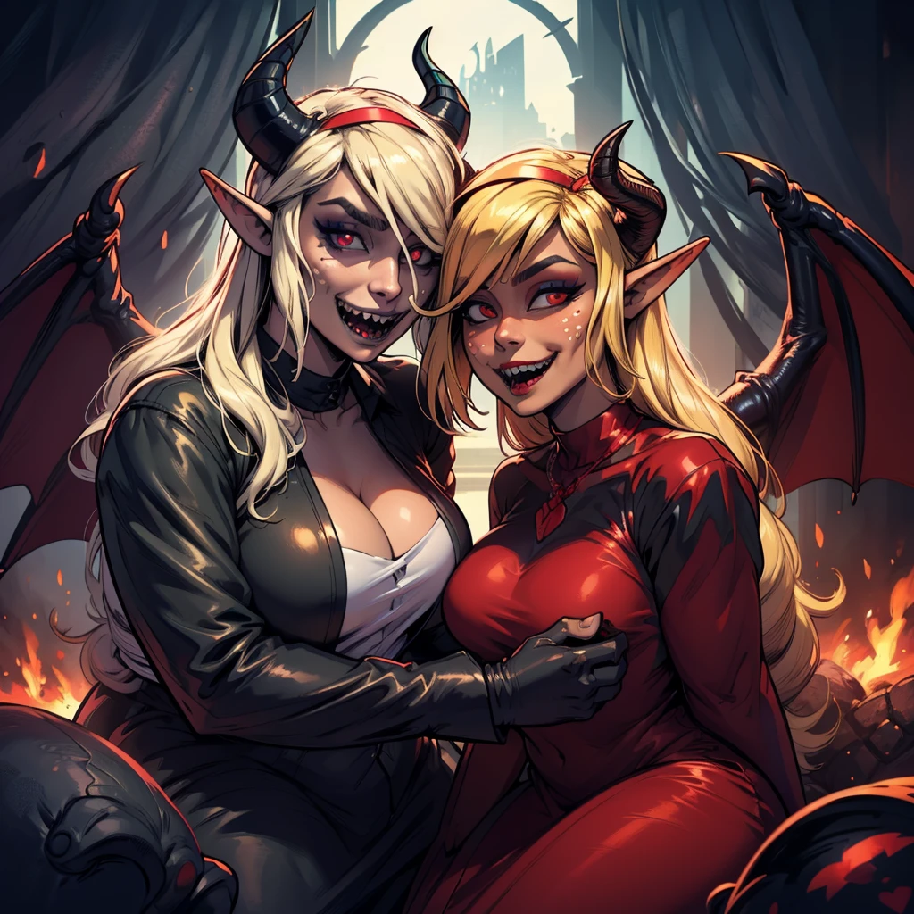 Rosto detalhado, grandes olhos, sharp teeth, hair over eyes, hairband, demon horns, demon wings, long hair, pointy ears, elf, very chubby, 8k, hd, hdr, long blonde hair, demon horns, makeup