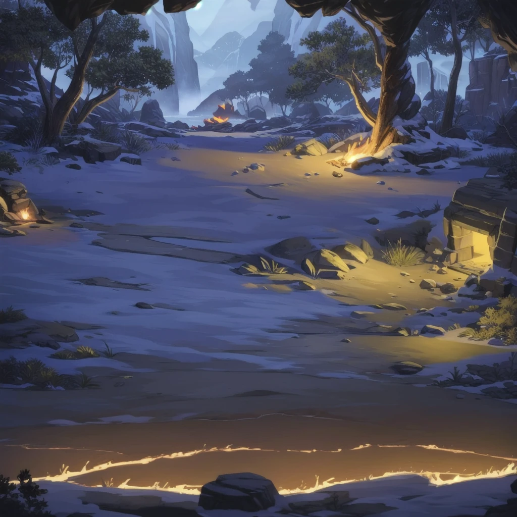 concept art, Horizontal Scene, horizon composition, There are no humans, sight, tree, night, cave, rock, bonfire, Agung Yi, outdoor camping, 