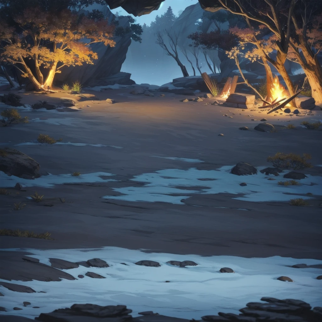 concept art, Horizontal Scene, horizon composition, There are no humans, sight, tree, night, cave, rock, bonfire, Agung Yi, outdoor camping, 