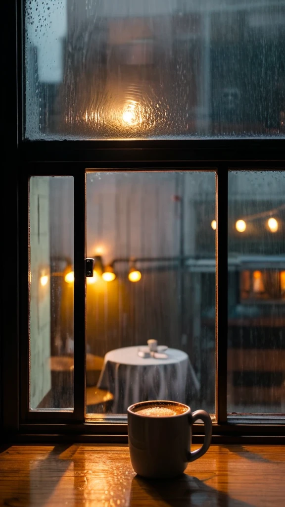 A small caffe with a window view with candle light  with two cup of hot coffee on a rainy day which can be seen through the window 