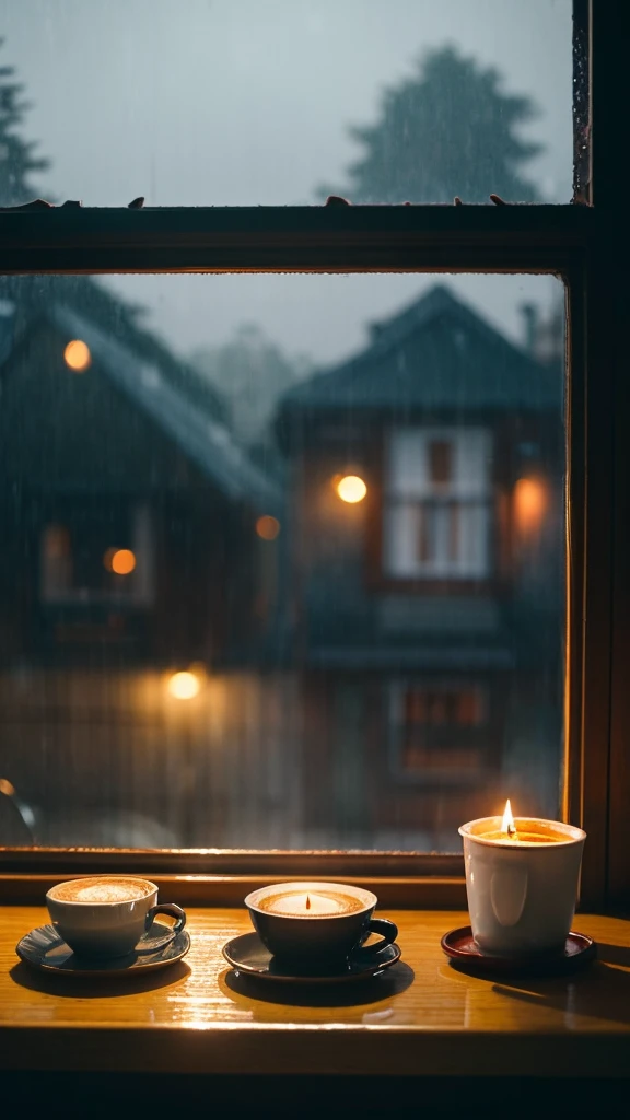 A small caffe with a window view with candle light with two cup of hot coffee on a rainy day which can be seen through the window