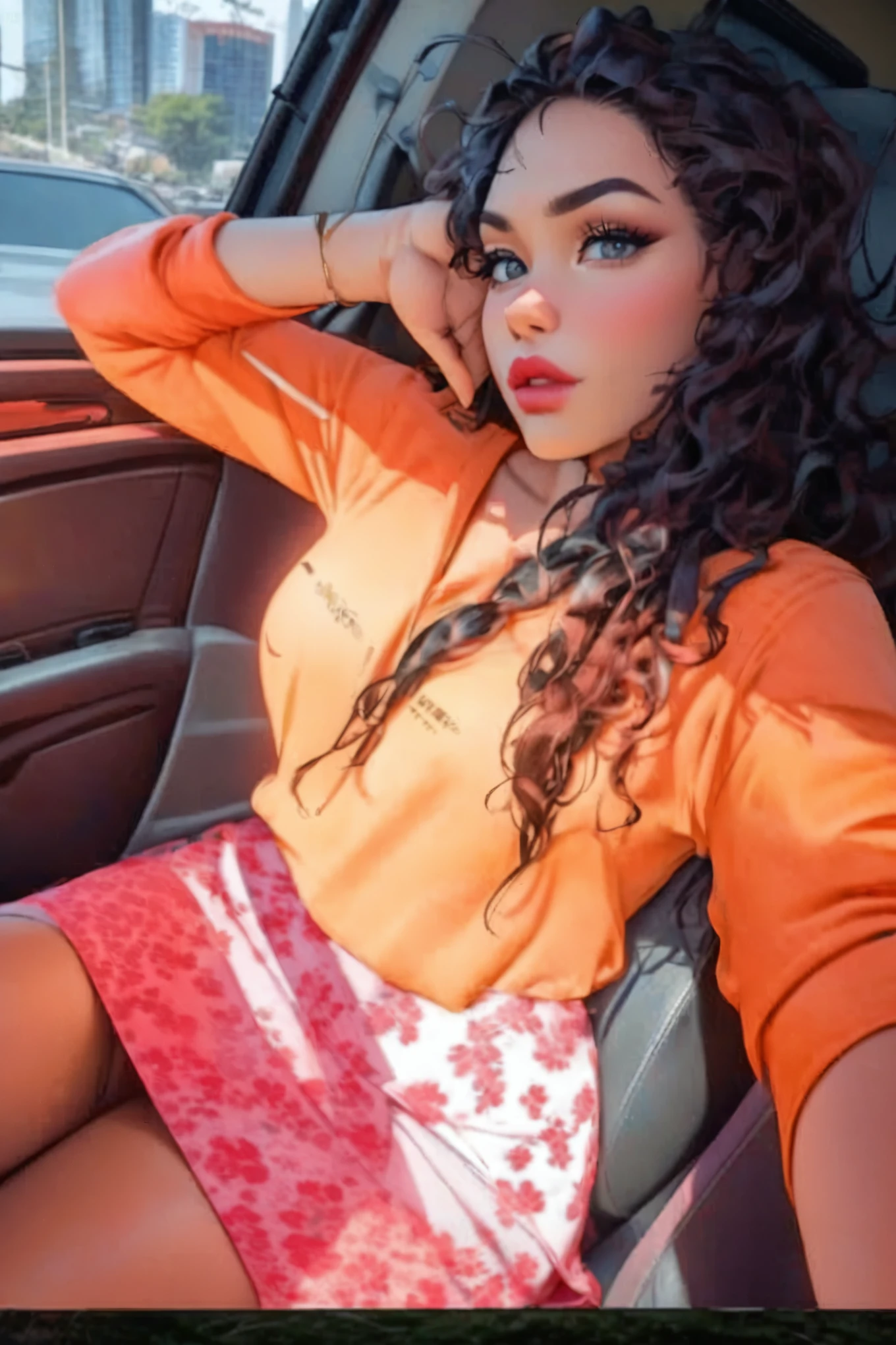 There is a woman sitting in a car with her hand on her head, sitting in her car, madison beer as leeloo, Profile picture, Iván Talavera and Artgerm Style, arte the fan, Beautiful work of art, how much, mixed art, clear skin, Profile picture, profile picture, cute beautiful, beautiful avatar photos, Leaked image