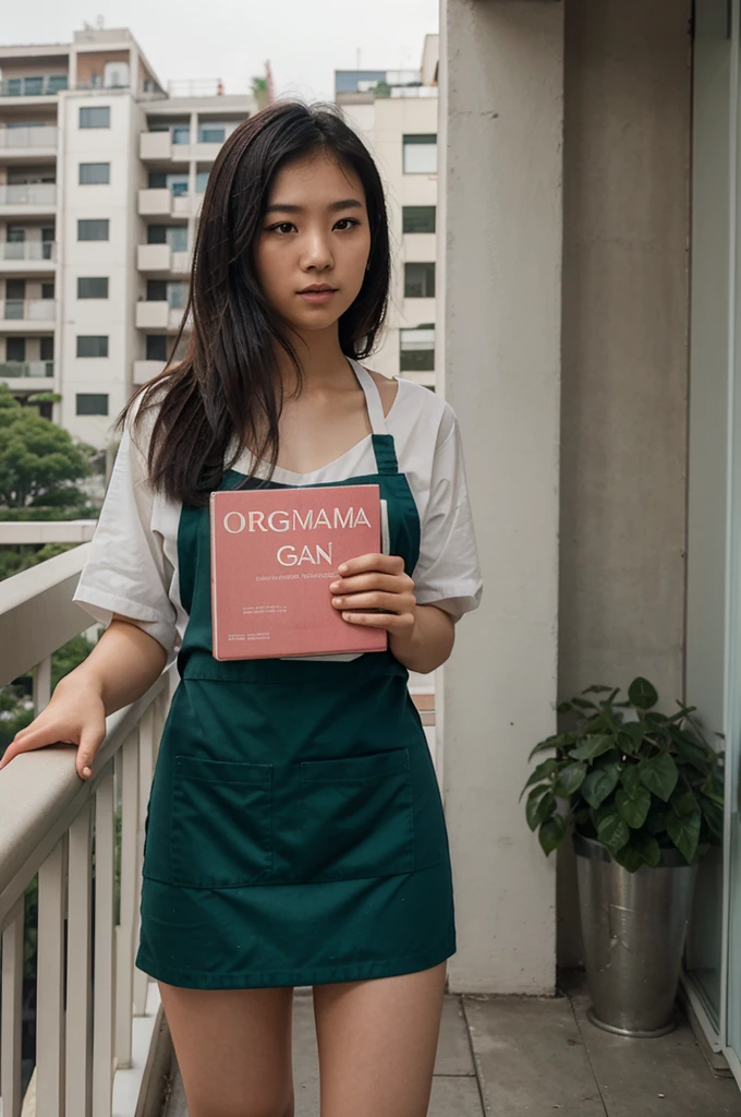 A 20 year old Asian woman stands against the background of a building balcony, holding a book entitled "ORGASM" on the cover. The woman wore a dark green apron, and the cover of the book is a picture of a woman's face with her eyes closed and her mouth open