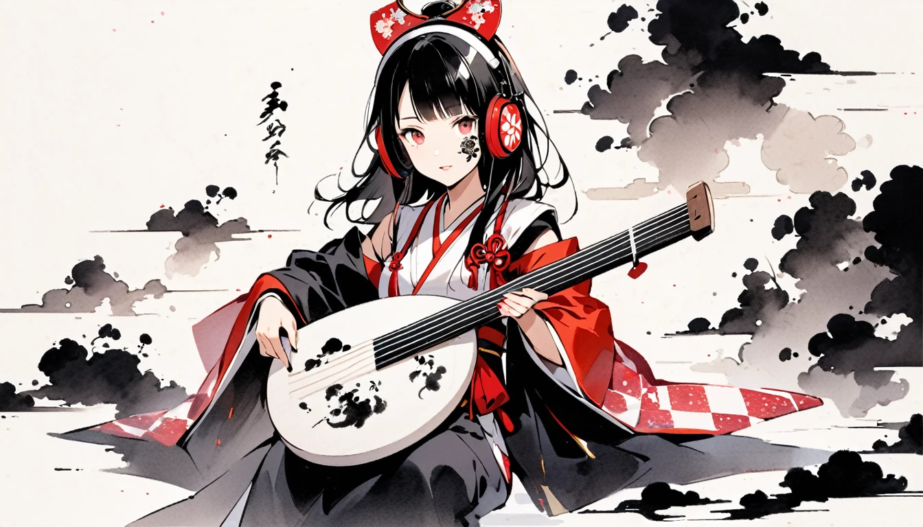 (((Ink Painting))), ((Japanese style headphones)), (((Japanese pattern tattoo on face))), Gorgeous hair accessories, Japan shamisen