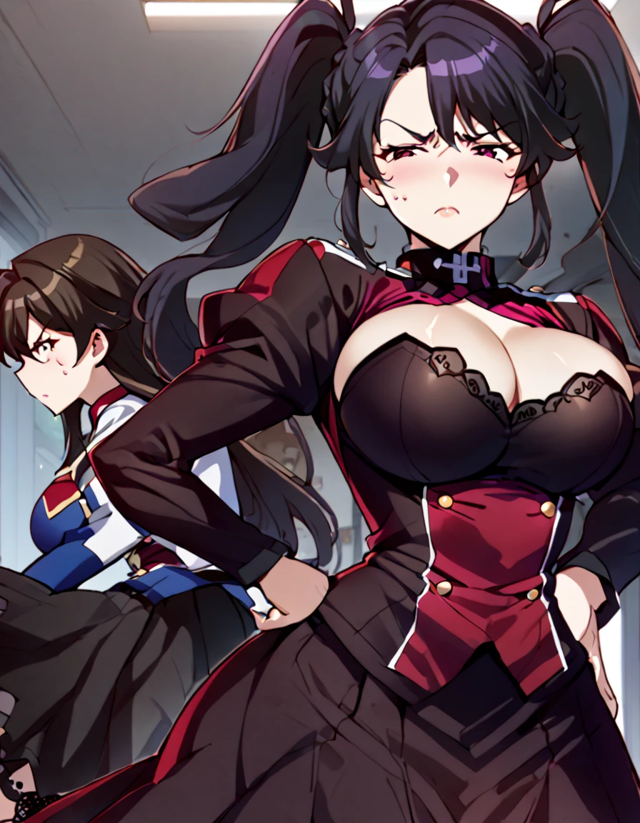 Anime, 2 girls, twins, kimtag, Pigtails hairstyle, lace colored hair, Carmine eyes, upset face, busty, firm plump body, genetics's uniform , Juliet sleeves, deep cleavage, large beret,, large skirt, posing with her hands in the hip