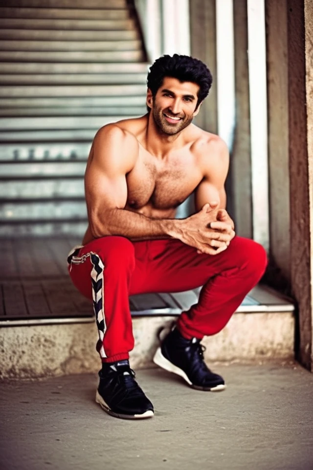 david benioff a man realistic photo in a worn ((skin-revealing skimpy erotic red tracksuit, massive hairy pecs)), big pecs, big arms, bulge, VPL, ((light bokeh)), intricate, (steel metal [rust]), elegant, erotic, exuding sexual energy, homoerotic, sharp focus, photo by greg rutkowski, soft lighting, vibrant colors, (masterpiece), ((streets)), (detailed face), looking at viewer, light smile, night, walking towards viewer, cinematic lighting, beautiful lighting, cinematic lighting, (hazy filter, film grain:1.2)