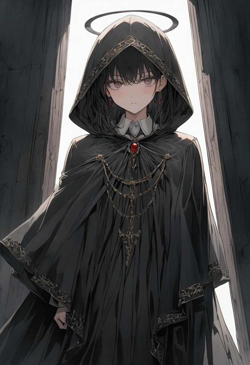 a black cape with a hood from which white triangles protrude from the edge of the hood and do not allow you to see what is underneath anime style in the hallway of a dark school