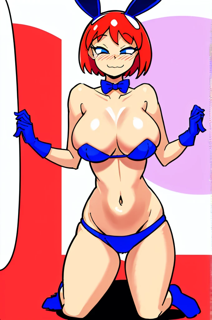 [less8 Pacman ghost], ((masterpiece)), ((High Definition)), ((high quality)), ((detailed shading)), ((beautiful rendering art)), ((solo portrait)), ((Whole body)), ((Front view)), ((intricate details)) , kneeling, in a strip club,playboy bunny, Red suit ,socks negras, socks . , blue eyes, Red hair, , short hair, big breasts, shoes, red shoes, defined neckline,(Blue socks), human,hair ornament, white rabbit tail, Alone, looking at the viewer, very sensual, blushing, mischievous smile, shy pose