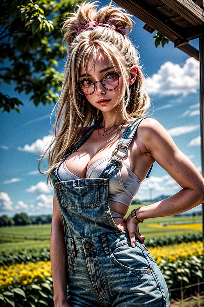 1 girl, blonde hair, (pink hair highlights:0.8), farm girl, freckles, sexy farmer overalls, cleavage, round eyewear, glasses, streets, green eyes, solo, farm field, standing, arms behind back