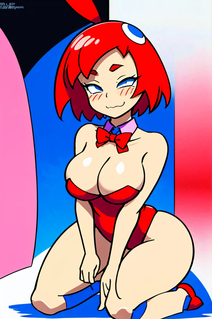 [less8 Pacman ghost], ((masterpiece)), ((High Definition)), ((high quality)), ((detailed shading)), ((beautiful rendering art)), ((solo portrait)), ((Whole body)), ((Front view)), ((intricate details)) , kneeling, in a strip club,playboy bunny, Red suit ,socks negras, socks . , blue eyes, Red hair, , short hair, big breasts, shoes, red shoes, defined neckline,(Blue socks), human,hair ornament, white rabbit tail, Alone, looking at the viewer, very sensual, blushing, mischievous smile, shy pose