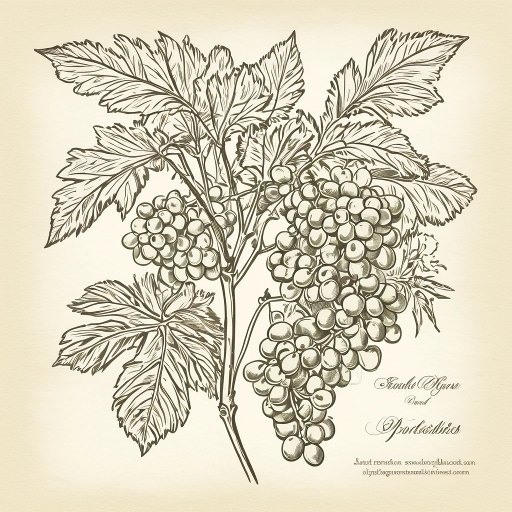 I want a drawing of a plant in the style of an old explanatory sketch, on a sheet of paper. The drawing must include all the elements of the plant: Estate, Stems, leaves, flowers and fruits. It is important that the style is detailed and realistic, as if it were part of a field notebook.The drawing should be in soft and natural tones, avoiding strong colors. Colors should be subtle, similar to those that might have been used in old illustrations, with a palette of greens, brown and cream tones. Illustrations must include anatomical details, as cross sections of fruits and seeds. From a plant of purple wine grapes