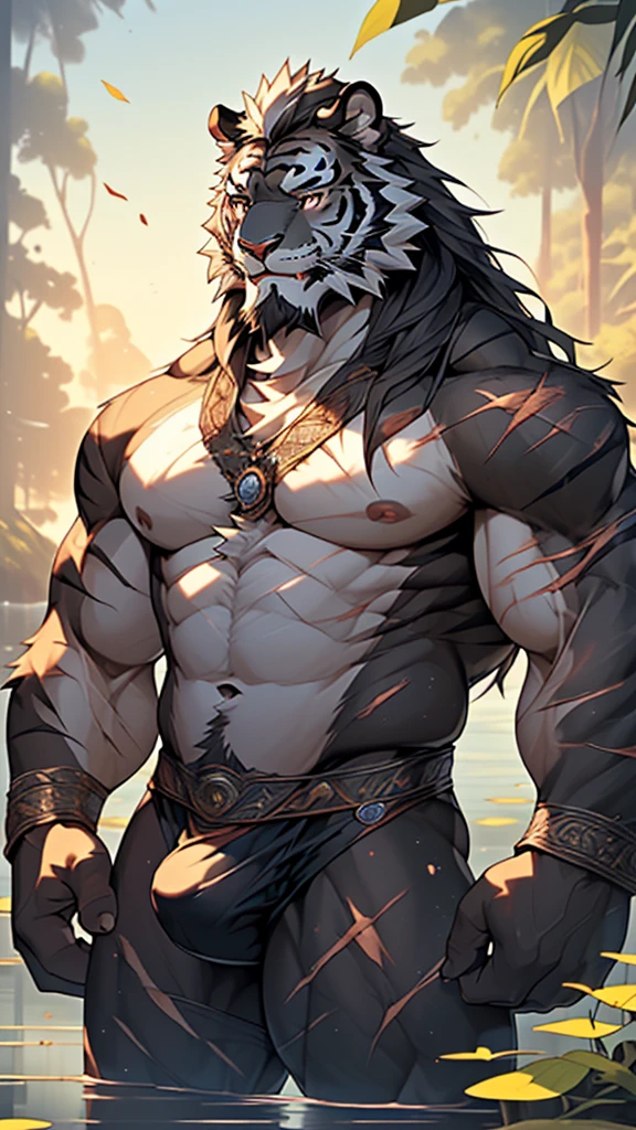 (masterpiece),(highres),(intricate details:1.4),extremely detailed,(illustration:1.2),8k,photorealistic,exquisite,(daddy:1.5),aged,elder male tiger ,muscular,(guardian:1.7),(safety guard),black fur,manhood,warrior,(black fur:1.3),long hair,long beard,(numerous scars),(bulging crotch:1.8),(homosexual:1.5),(a serene face:1.9)(naked body:1.6)