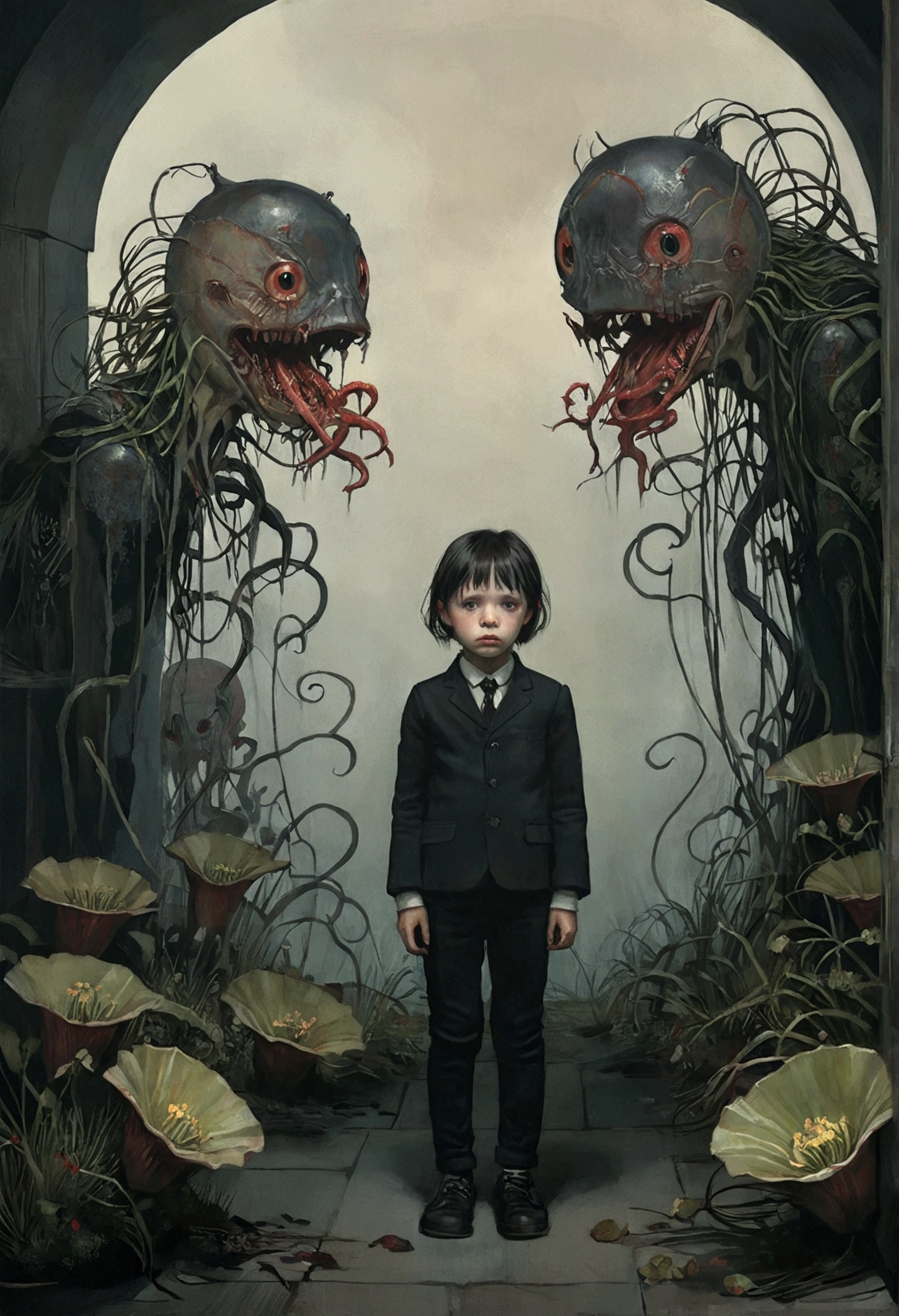A girl with a terrified expression., surrounded by carnivorous plants. The scene takes place in a dark and melancholic atmosphere.., reminiscent of Tim Burton&#39;s gothic aesthetic. The girl&#39;s eyes are wide, Show your fear, while his lips tremble. Carnivorous plants are threatening and elaborate., with intricate details on its blades and sharp tooth-like structures. The overall image quality is of the best resolution and realistic., with ultra detailed rendering. The color palette is dominated by, Dark tones, Improve the eerie atmosphere. The lighting is spectacular, casts long shadows and creates a sense of mystery. in the style of Esao Andrews, Jenny Saville, Edward Hopper, surrealism, Dark art by James Jean, Takato Yamamoto, Punk ink minimalism