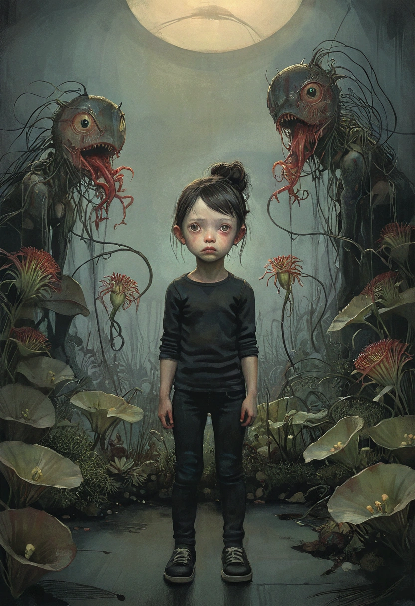 A girl with a terrified expression., surrounded by carnivorous plants. The scene takes place in a dark and melancholic atmosphere.., reminiscent of Tim Burton&#39;s gothic aesthetic. The girl&#39;s eyes are wide, Show your fear, while his lips tremble. Carnivorous plants are threatening and elaborate., with intricate details on its blades and sharp tooth-like structures. The overall image quality is of the best resolution and realistic., with ultra detailed rendering. The color palette is dominated by, Dark tones, Improve the eerie atmosphere. The lighting is spectacular, casts long shadows and creates a sense of mystery. in the style of Esao Andrews, Jenny Saville, Edward Hopper, surrealism, Dark art by James Jean, Takato Yamamoto, Punk ink minimalism