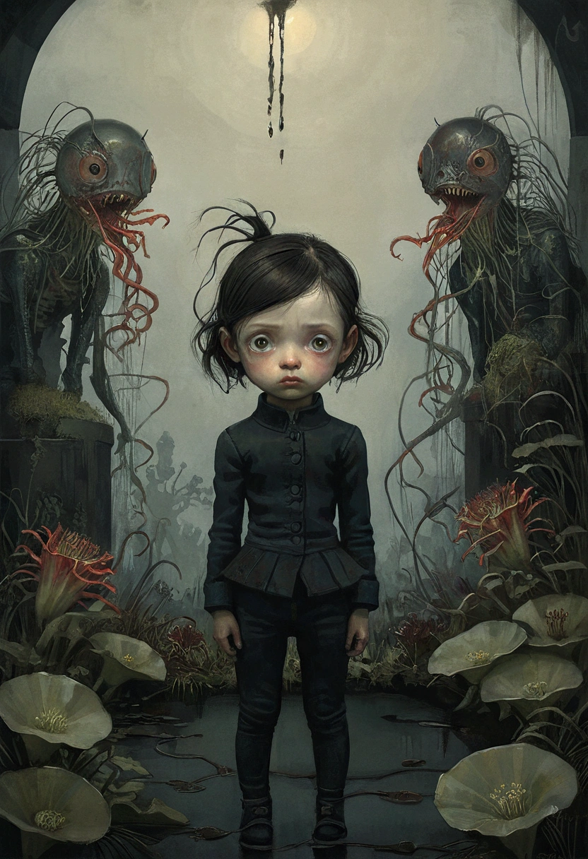 A girl with a terrified expression., surrounded by carnivorous plants. The scene takes place in a dark and melancholic atmosphere.., reminiscent of Tim Burton&#39;s gothic aesthetic. The girl&#39;s eyes are wide, Show your fear, while his lips tremble. Carnivorous plants are threatening and elaborate., with intricate details on its blades and sharp tooth-like structures. The overall image quality is of the best resolution and realistic., with ultra detailed rendering. The color palette is dominated by, Dark tones, Improve the eerie atmosphere. The lighting is spectacular, casts long shadows and creates a sense of mystery. in the style of Esao Andrews, Jenny Saville, Edward Hopper, surrealism, Dark art by James Jean, Takato Yamamoto, Punk ink minimalism