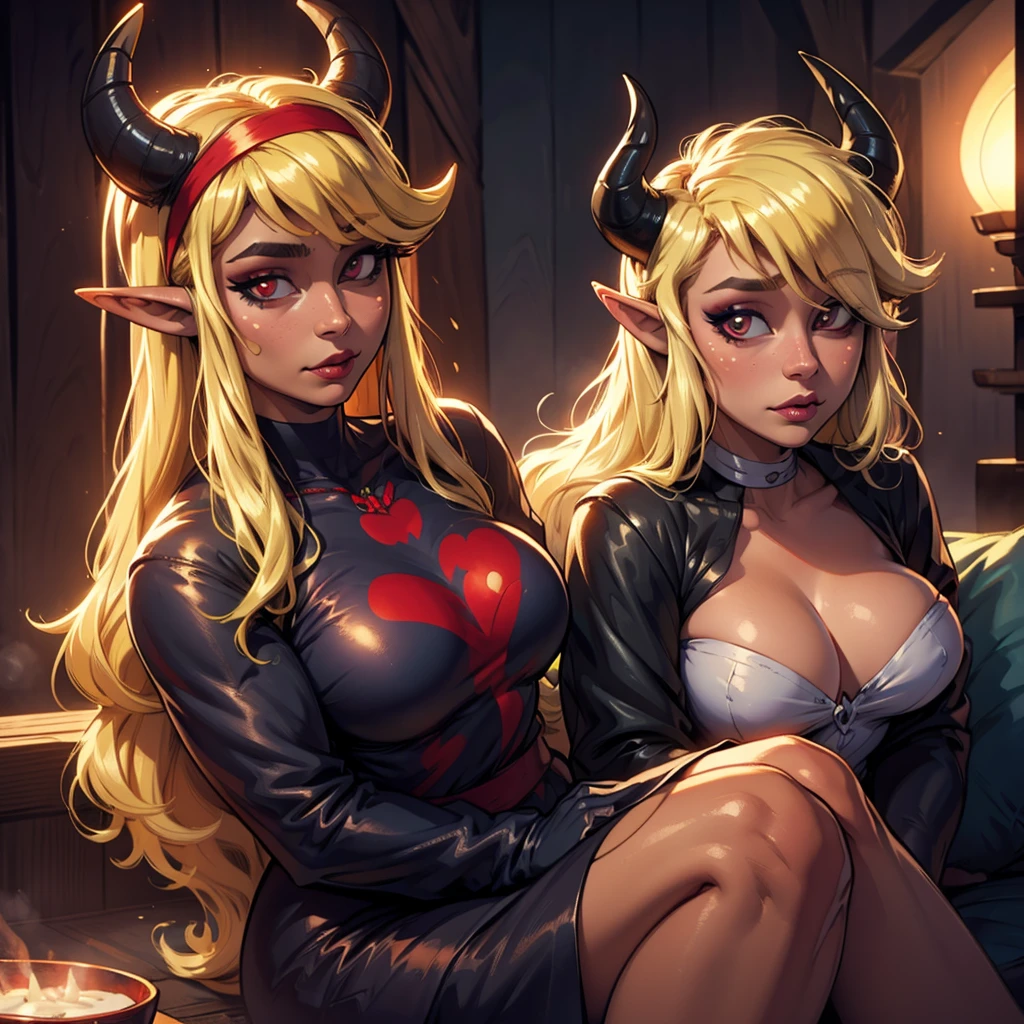 2 Beautiful Girls, black and white hair, the kiss, Demons, Small horns, against the backdrop of a volcanic eruption, lava, chic red outfits, big breasts, big ass, Slim waist, disturbance,