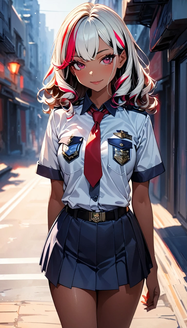 (highest quality:1.2, Very detailed, up to date, Vibrant, Ultra-high resolution, High Contrast, masterpiece:1.2, highest quality, Best aesthetics), Portraiture、girl、singer, solo, ((25-years-old:1)), Bright colors, Beautiful fine details、Beautiful lip detail、midium wave hair、red and white ((streaked hair:1.6)), highlights hair: 1.5, red eyes, slim body, meddium breast, (tan skin:1.1), ((Police Girl, sexy police uniform, mini Skirt, Cute and elegant)), (The background is a street corner:1.5), (Floral Fineline tattoo design on left arm:1), (cowboy shot:1),