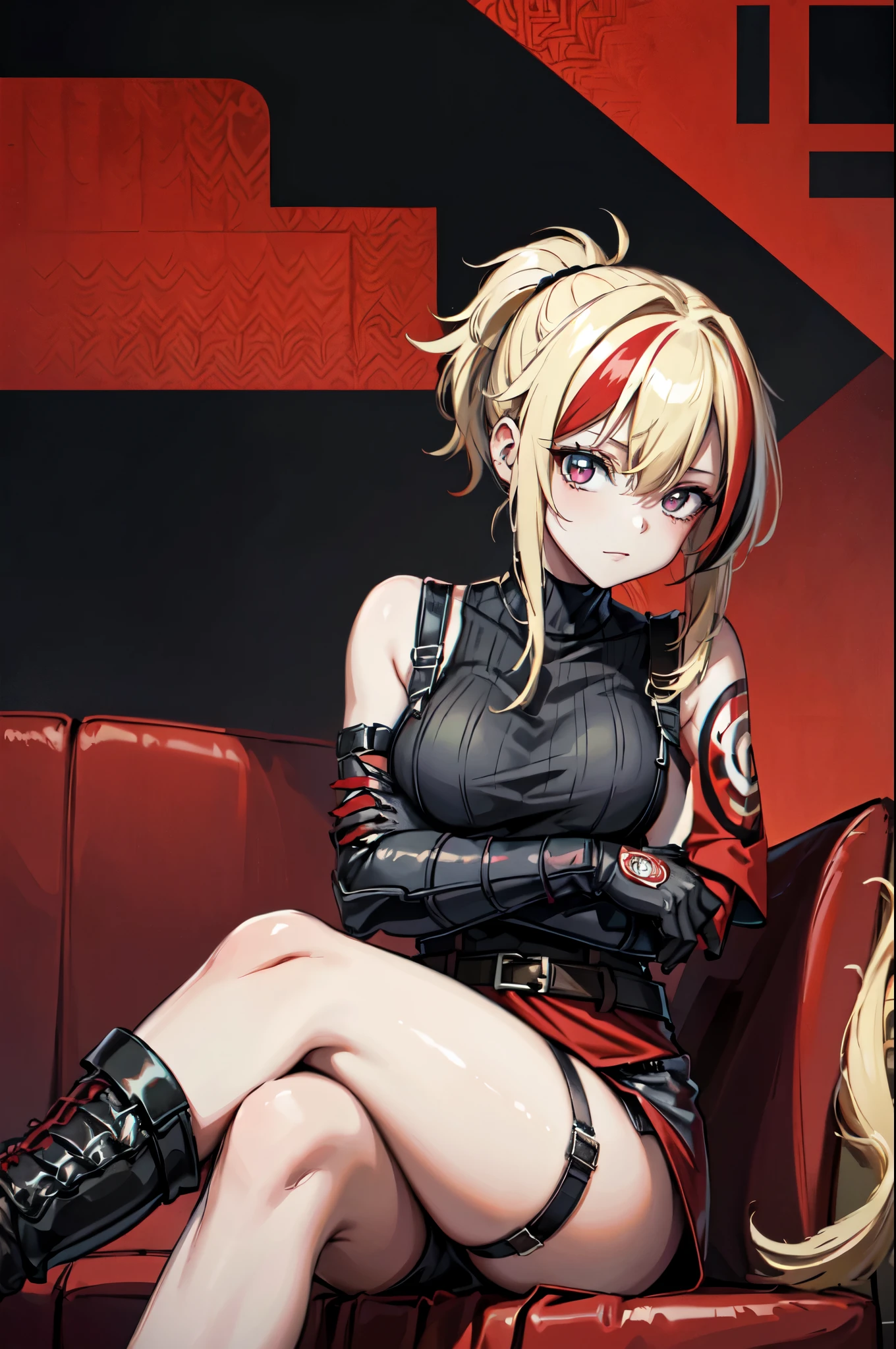 (masterpiece, best quality:1.2), red glowing eyes, red eyes, the eyes are red, perfect face, strong make up, highres, 1 girl, ultra long ponytail, (female:1.5), strife, blonde hair streaked with lots of red highlights, two colors hair (blond and red), hight flame mistress outfit, shoulder armor, sleeveless turtleneck, suspenders, belt, gloves, bracer pre potent smile, crossing legs, crossing arms , evil smile, evil pose, sitting, portrait, looking at viewer,  Her hair is streaked with lots red and blonde highlights, moon tribal tattoo.