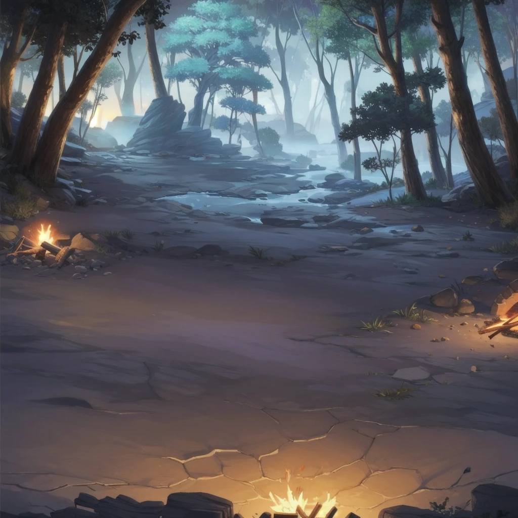 concept art, Horizontal Scene, horizon composition, There are no humans, sight, tree, night, cave, rock, bonfire, Agung Yi, outdoor camping,