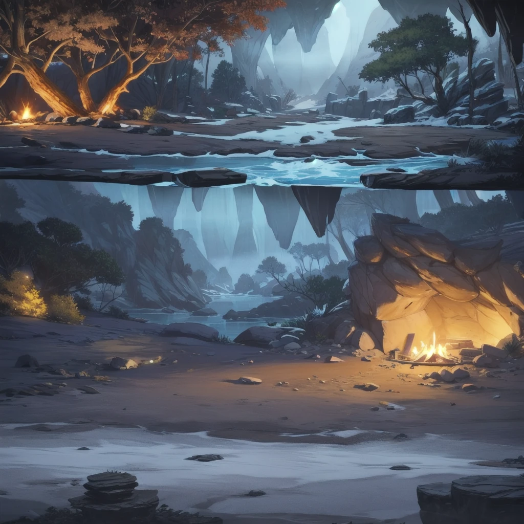 concept art, Horizontal Scene, horizon composition, There are no humans, sight, tree, night, cave, rock, bonfire, Agung Yi, outdoor camping,