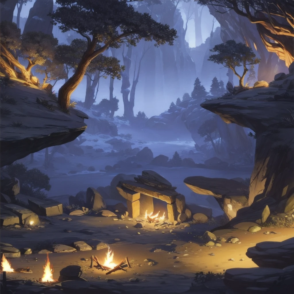 concept art, Horizontal Scene, horizon composition, There are no humans, sight, tree, night, cave, rock, bonfire, Agung Yi, outdoor camping,