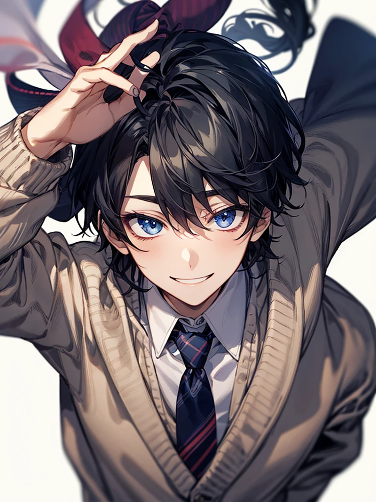 Male 1、Thread、good looking、high school student、young、Shirt and tie、Wearing a large cardigan、Moe sleeves、Black Hair、Psychopath Smile、Face close-up、White background、From a little above