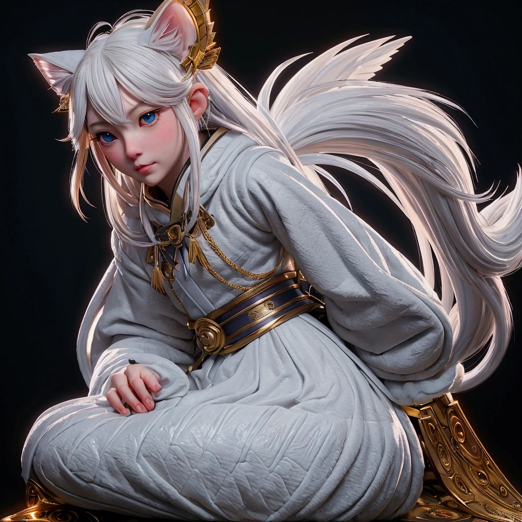 mic, かわいいto be bornき物, Wearing a golden cloak, all-body, , sitting down, custom, Fantasyart, exquisite detail, Jean-Baptiste Monge style, estilo alan lee, blue-eyed anthropomorphic white furry kitten, movie scenes, Dramatic shooting angles, , realisitic, to be born々Stunning cinematic photorealism, action portrait, 8k, detailded, full frame, The background is a meadow of mystical flowers, Mysterious space, O sol está glimmering, very god々glimmering