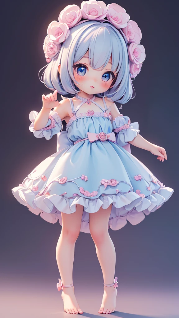 (((petite bishojo, little girl))), ((kawaii face)), ((kawaii eyes)), ((masterpiece)), ((best quality)), ((ultra detailed)), (exquisite), (depth), (crisp), ((8k)), ((beautiful and aesthetic)), (super detailed skin), ((high standard)), ((highres)), ((perfect anatomy)), (full body), (blush), (lipstick), ((kawaii pose)), (strap slip), (barefoot), (white, blue, black)