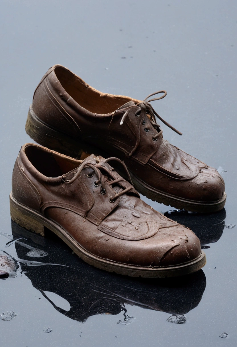 wet brown leather shoes with no human model in gray background and very old and ugly destroyed by the harsh elements in 4k quality image