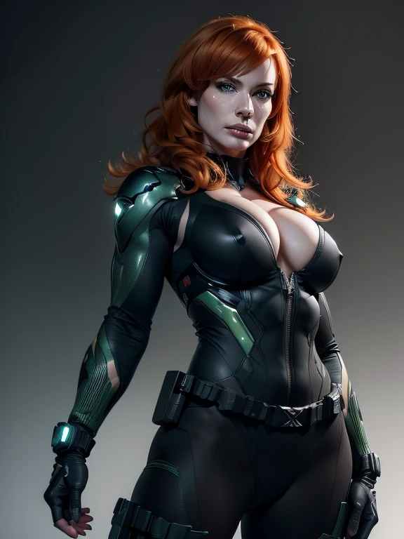 Imagine Christina Hendricks as a Metal Gear Solid character, powerful female character, short wavy orange hair and bright blue eyes, 48 years old, high-quality face study of Christina Hendricks, intricate high-quality study of Christina Hendricks voluptuous physique, striking and mature facial features, agile and athletic build, (Wearing: Fingerless Gloves, skin-tight suit, black and green stealth suit, cleavage cutout, utility belt, metallic armlets, armored boots, gun holsters), The suit is so tight that Christina Hendricks breasts barely fit in it, The suit emphasizes her stealth and combat prowess. Stealthy and formidable presence of the character, hyper-realistic rendering to capture every minute detail, showcasing the mastery of digital portrait artistry, ultimate photorealistic quality, highly detailed facial expression showcasing the determination and strategy of the character, subtle hints of high-tech and militaristic elements reflecting the true essence of the Metal Gear Solid universe, vibrant colors with deep gray’s and contrasting cool tones, creating a visually striking and captivating portrait.
