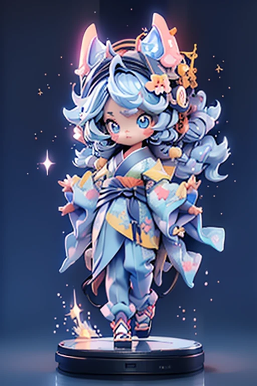 High quality, beautyfull girl, masterpiece, starry hair,blue hair, sparkle eyes, kimono clothes, cat tail,cat ears, japanese girl, aesthetic, very cute, 8k, kitsune mask, starry sky, glow hair, perfect face, night