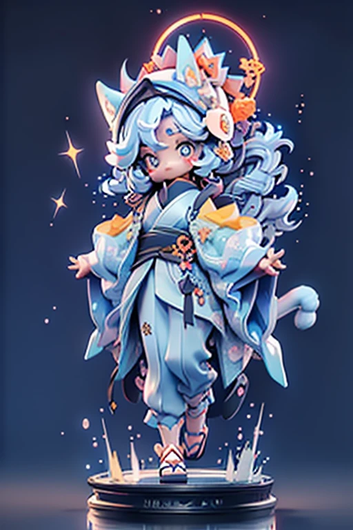 High quality, beautyfull girl, masterpiece, starry hair,blue hair, sparkle eyes, kimono clothes, cat tail,cat ears, japanese girl, aesthetic, very cute, 8k, kitsune mask, starry sky, glow hair, perfect face, night 