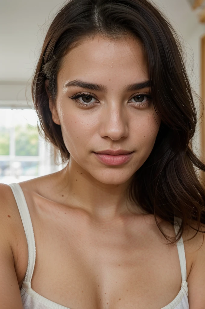 Photorealistic, best quality, ultra-detailed, beautiful Colombian woman with long black hair, 20s, brown eyes, medium breasts, upper body, selfie photos, face in sharp focus, f/4, iso 200, shutter 1/ , cinematic light, award-winning photography, high sharpness, skin texture, best shadow, easy symmetry, ultra-detailed film grain. Influencer considered a luxury and lifestyle trendsetter, offers her followers exclusive style advice, inspired by tips and purchases. 8k uhd attention to detail. just face ((torso selfie, happy)), in a room.brown hair with perfect body and face without makeup with ((pink pajamas:1)) white. She is sitting, legs together, slightly apart. in 3rd wave cafe (best quality, Ultra detailed, masterpiece: 1.2), perfect face, (highly detailed skin), Skin texture, glowing skin, photorealistic, Disdainful expression, summer haze, Soft colors, warm colors and soft, Main light, backlight, soft natural lighting. hot pose. in a sweater taking a selfie, impeccable eyelashes, Beautiful eyes, detailed eyes, Flawless eyes