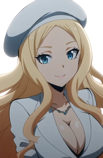 best quality, ultra high res, 1girl, IrinaJelaviÄR4, blonde hair, long hair, blue eyes, simple background, big breasts, cleavage, white suit, necklace, white skirt, bracelets, (white beret), white hat, jewelry, smile, look at the viewer
