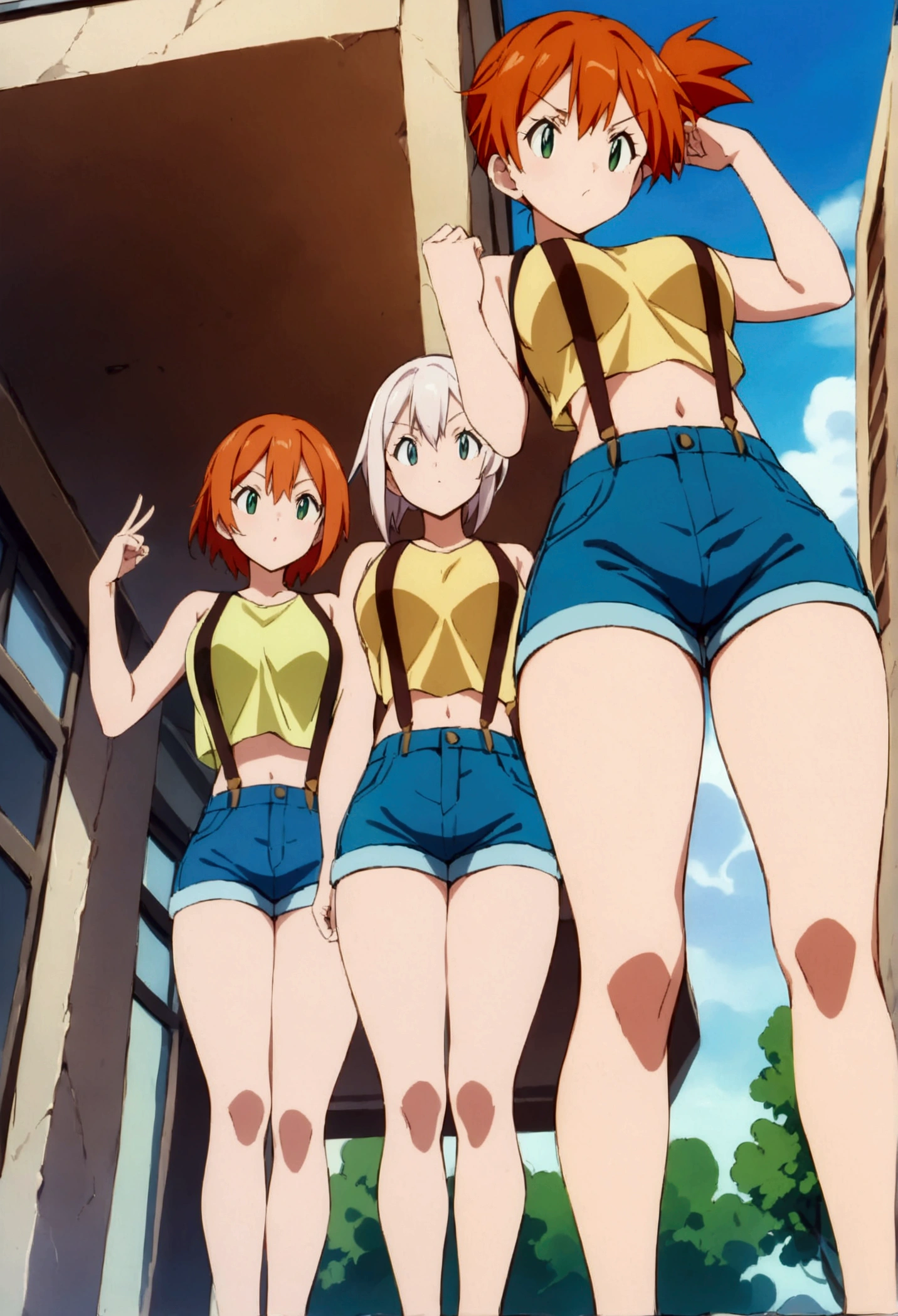 (score_9, score_8_up, score_7_up), (best quality, masterpiece),perfect anatomy,aesthetic,very aesthetic,official style, ultra-high resolution,source_anime.from below,below view,face focus ,,standing ,  (mature) ,1girl, Outdoor, Green Eyes, Orange Hair, , Yellow Shirt, Sleeveless shirt,stomach, Denim shorts, suspenders,   (slender), ,(Composition),,(Feet together pose)
