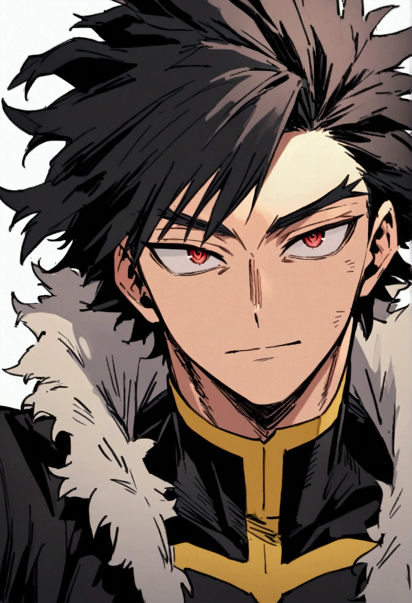  He is 22 year old ager, He has slightly disheveled very black hair..., somewhat light red eyes, , muscular body , sexy face, He is dressed in the anime male uniform "my hero academia", detailed face, bright red eyes 