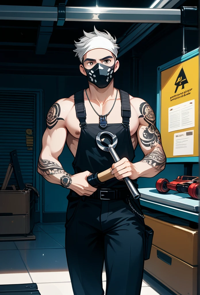 masterpiece, best quality, male, (masked face, full mask, covered face), white bandana, gray hair, short hair, spiky hair, mature body, muscular body, mechanic pants, tool belt, workshop, tattoos, covered in tattoos, dragon tattoo, holding hammer