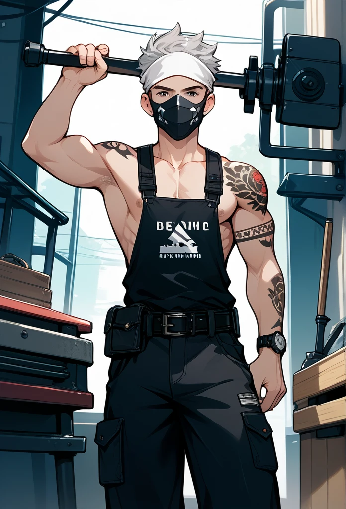masterpiece, best quality, male, (masked face, full mask, covered face), white bandana, gray hair, short hair, spiky hair, mature body, muscular body, mechanic pants, tool belt, workshop, tattoos, covered in tattoos, dragon tattoo, holding hammer
